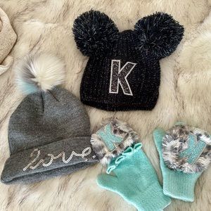 Justice Girls Teal & Gray Love/Black “K” Initial Beanies And Fingerless Gloves
